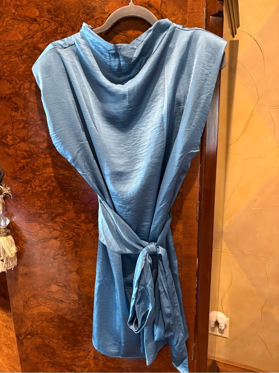 glam Dresses & Skirts - glam NWT, Dusty Blue Satin Tie-Belt Mini Dress